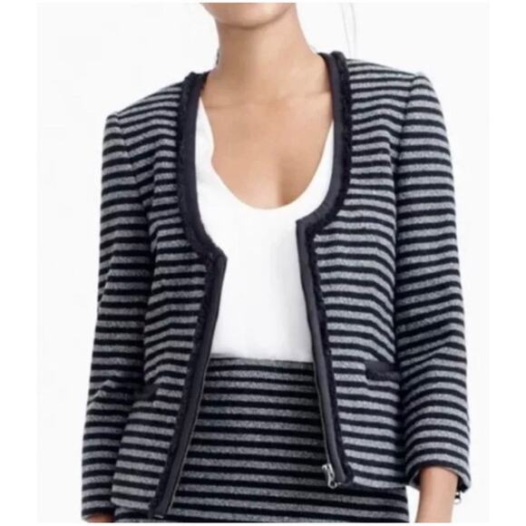 J. Crew Women’s Sz 8 Blue Stripe Blazer Jacket Tweed Zip Front Cropped - Picture 2 of 13